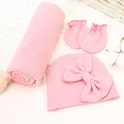 BQUBO Newborn Receiving Blankets Cotton Warm Sleepsack with Mittens & Bow Hats Hospital Baby Swaddling Shower Gift
