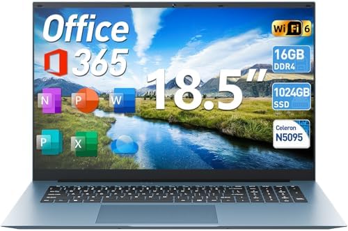 Naclud Ordinateur portable, ordinateurs portables 18,5 pouces avec 16 Go de RAM 1024 Go SSD, 1 an Office 365, Celeron Quad-Core, Windows 11 Pro, Type-C, HDMI, visualisation à 180°, 8000 mAh, WiFi 6