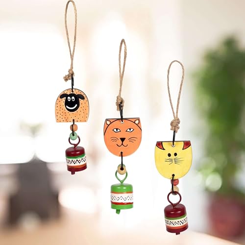 Image of Aakriti Art Creations Zuki Trio Wooden Animal Hanging Bells Set of 3 | Handmade Modern Art Wooden & Metal Wind Chimes | Indoor & Outdoor Hanging for Balcony, Garden, Living Room & Gifting