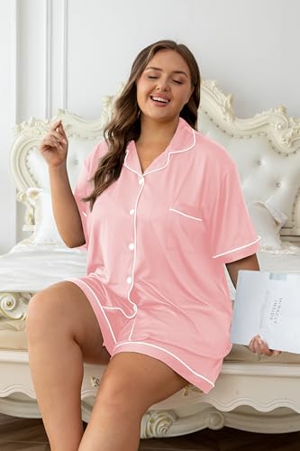 Image of Vozanet Women's Plus Size Button Down Pajamas Soft Lounge Sets Shorts with Pockets Bride Nighty Solid Soft Pjs 1x to 5x