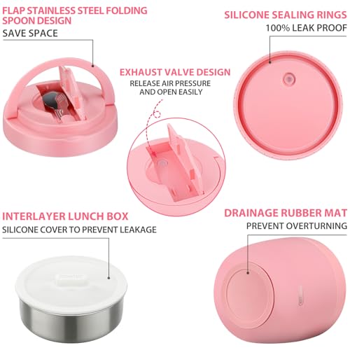 Image of wiwens Thermo Food Jar for Hot Food Adults 32OZ Soup Thermo Lunch Containers Wide Mouth Vacuum Insulated Stainless Steel Leakproof Bento Box with Spoon (Pink2)