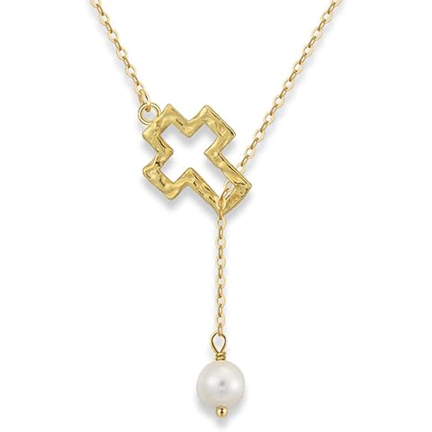 Freshwater pearl 925 sterling silver Cross Lariat Necklace for Women, Dainty Cross Necklace gold plated