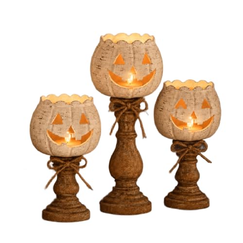 Rustic White Pumpkin Tealight Candle Holder Set Farmhouse Halloween Pumpkin Tea Light Candle Holders Decor Fall Tables Centerpieces for Thanksgiving & Halloween Party