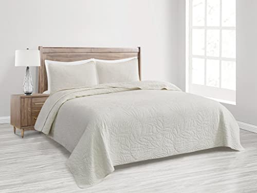 Chezmoi Collection Linden 3-Piece Pre-Washed Cotton Bedspread Coverlet Set - Floral Leaves Embroidered Quilt Set, King Size, Ivory #TOP19