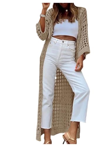 WDIRARA Women's Hollow Out Crochet Long Cardigan Long Sleeve Open Front Sweaters Khaki X-Large
