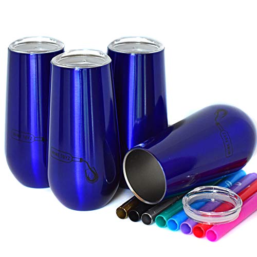 Wine Toyz Stemless Champagne Flutes - Blue 4 Pack 6 Oz Reusable Stainless Steel Double Insulated Wine Tumblers Unbreakable Lids 8 Wine Glass Marking Pens Elegant Box