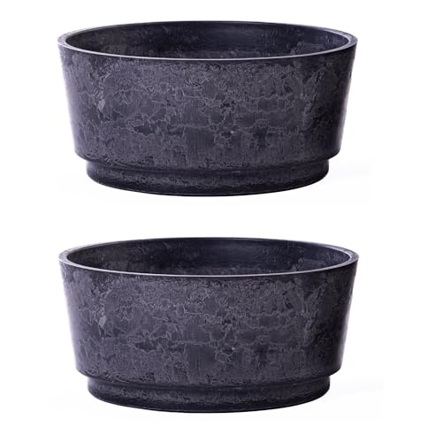 Caesar Marble Effect Charcoal Bowl Planter Durable UV Frost Resistant Lightweight Indoor Outdoor Pot with Realistic Marble Finish Recycled Plastic Garden Decoration (46cm Planter x2)