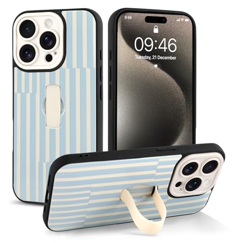 Jefonha Cute for iPhone 15 Pro Max Case with Strap Stand, White Blue Stripe