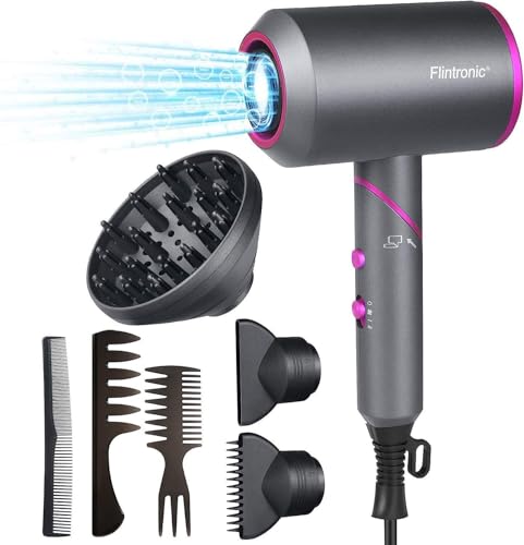 Flintronic Secador de Pelo Iónico, 2000W Secador de Pelo Profesional Secador, Botón de Aire Frío, 3 Temperaturas, 2 Velocidades, con 2 Boquillas y 1 Difusor, para Hogar, Peluqueria, Hotel (Gris B)