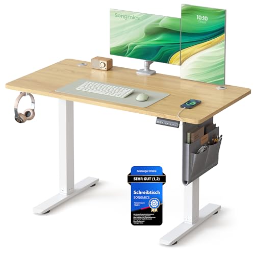 SONGMICS Höhenverstellbarer Schreibtisch elektrisch, 120 x 60 cm, Memory-Funktion mit 4 Höhen, USB-C-Anschluss, goldeichenfarben LSD132YA01