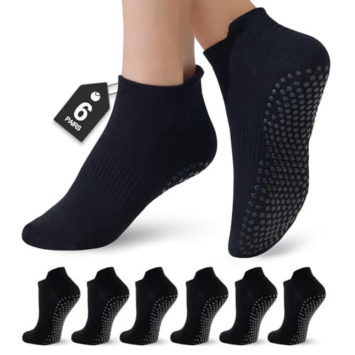 Veymitour 6 Pairs Black Pilates Socks for Women and Men Grip Yoga Socks Crew Grippy Non Slip for Barre Ballet Dance & Hospital