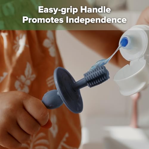 Image of haakaa 360 Baby Toothbrush with Suction Base - Steel Blue | Gentle Cleaning for Infants, Gum Massage, BPA-Free, Food-Grade Silicone, Adjustable Safety Shield, Safe for Babies 6 Months+