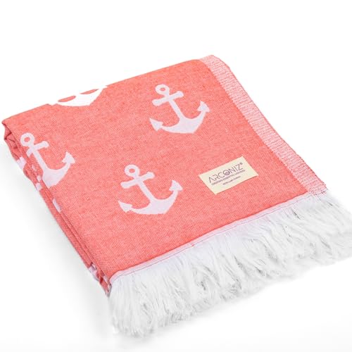 Toalla de playa turca de doble cara, 100 % algodón de fibra larga, suave, absorbente, de secado rápido, sin arena, prelavada, toallas para playa, alberca, viajes, tamaño 38 x 74 pulgadas (granada)