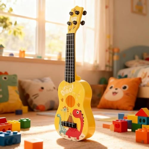 Gitarre für Kinder, 42cm Kindergitarre, Musikspielzeug Ukulele Instrument, Stimmbare Nylonsaiten, Kindergitarre Musikinstrumente, Mit 4 Verstellbaren Saiten und Plektren, für Kinder (Gelb)