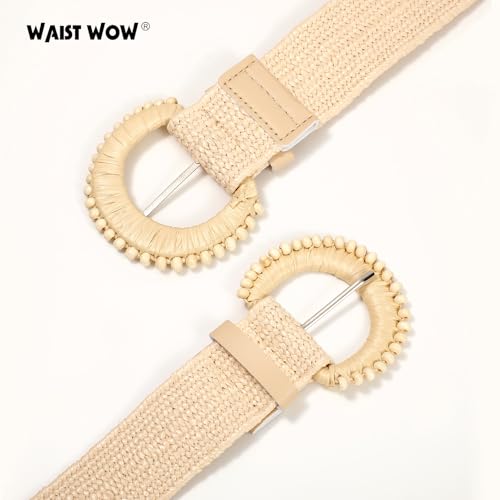 Image of Straw Woven Elastic Belt for Women Stretchy Belts for Dress Fashion Boho Waist Belt Rattan Raffia Ladies Belts