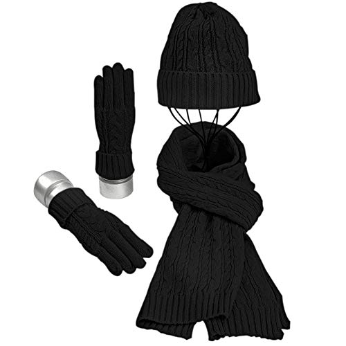 Warmiehomy Mütze Schal Handschuh Set Damen für Winter, Schal und Mütze Warmes Set Damen, 3 in 1 Winter Strickmütze Set für Skifahren Aufflug Camping Reissen Schwarz