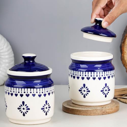 Image of The Earth Store Blue Drape Ceramic Jars for Kitchen Storage 600ML Each | Pickle Jar Set of 2 | Barni Jar with Lid | Ceramic Storage Containers Jar for Achar, Cookies, Chatney, Sugar