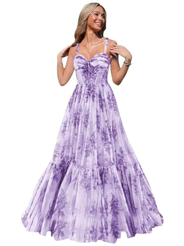 Spaghetti Strap Long Floral Prom Dress Ball Gown Sweetheart Chiffon Corset Print Formal Evening Dress for Women