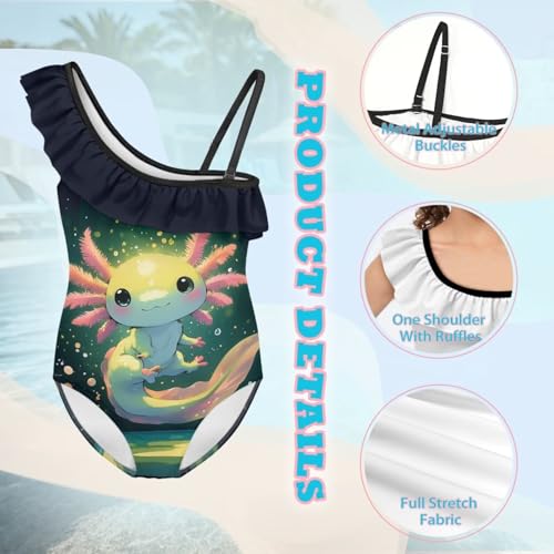Image of WELLFLYHOM Axolotl Girls One Piece Swimsuits 3-14 Ruffle One Shoulder Bathing Suits Full Coverage Beachwear