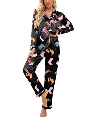 Image of Ekouaer Womens Satin Pajama Set Classic Pattern Silky Pj Sets Button Down Sleepwear Loungewear