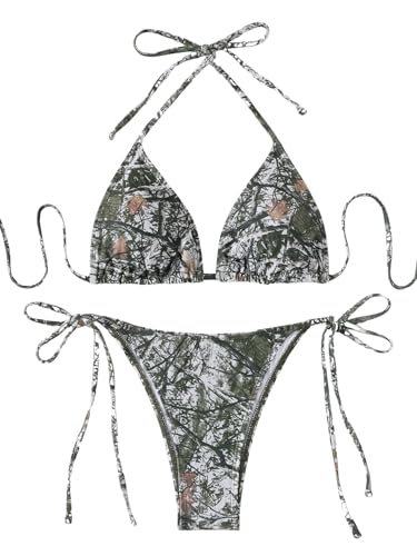 SEGT Womens 2 Piece Floral Print Halter Neck Tie Bikini Set Triangle String Thong Swimsuit Summer Bathing Suits for Women Camo S