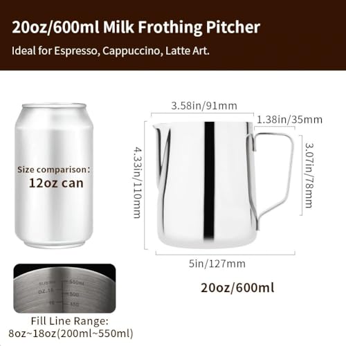 Image of watchget Stainless Steel Milk Frothing Pitcher 20oz /600ml | Espresso Steaming Pitcher for Cappuccino, Latte Art, Coffee Machine Accessories Milk Jug Coffee Frother Cup, Silver