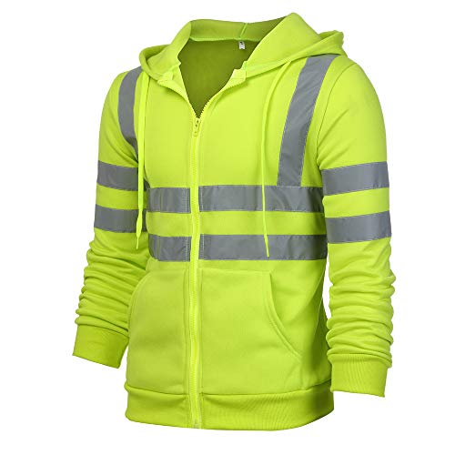 Fanteecy Mens High Visibility Hi Vis Safety Hooded Sweatshirt Top, Road Work Reflective Safety Pullover Workwear (7XL, Green Jacket)