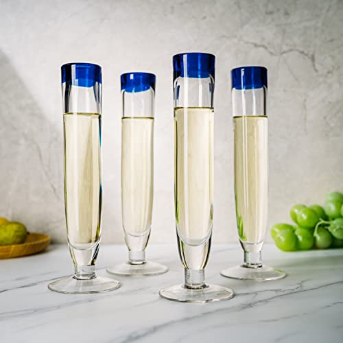 Tall Recycled Champagne Flutes - Set Of 4 - Mexican Hand Blown Cobalt Blue Rim Flute – Luxury Mexican Thick Glassware 7Oz, Juice & Cocktail Drinking Glass Holiday Celebration, Weddings, Anniversary #TOP2