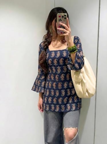 Image of ANNI Designer Women's Viscose Blend Printed Short Kurti | Straight Fit Casual Ethnic Top | Square Neck Full Sleeve Kurta Office College
