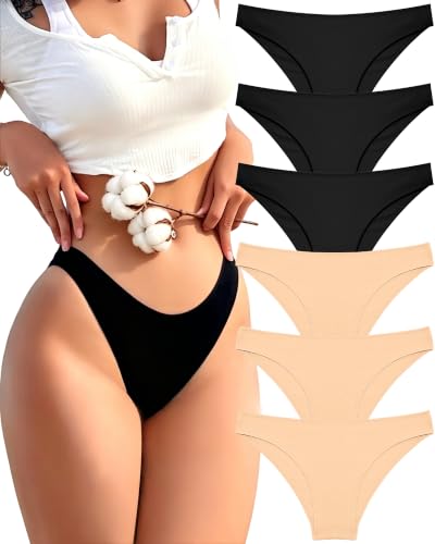 Image of FINETOO 6 Pack Cotton Underwear for Women Cute Low Rise Bikini Panties High Cut Breathable Sexy Hipster Womens Cheeky S-3XL