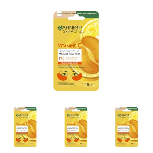 GARNIER Skin Active - Masque Yeux Booster D'Éclat - Illumine Le Contour Des Yeux - Réduit Les Cernes - Enrichi En Vitamine C, Glycérine & Acide Hyaluronique - Vegan & Cruelty Free - Tissu Compostable