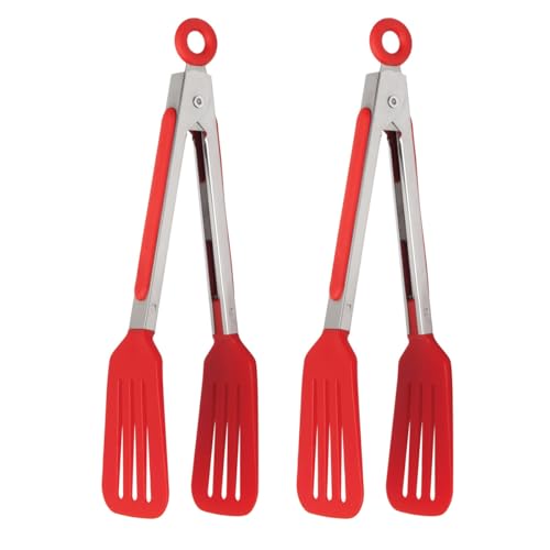 HIC Kitchen Slotted Flipper Tongs, Heat-Safe, Stainless Steel with BPA-Free Nylon, Set of 2