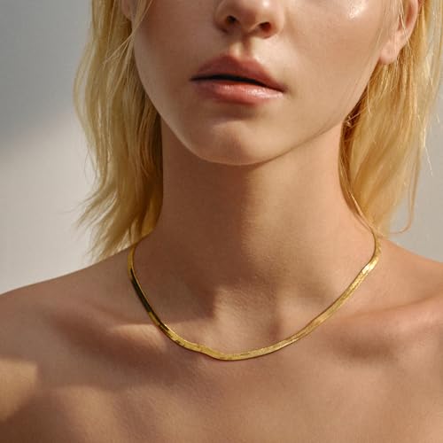Gold Necklace for Women, Dainty 18K Gold Plated Snake Chain Necklace Herringbone Necklaces for Women Simple Minimalist Gold Choker Necklace Trending Jewelry Gifts3