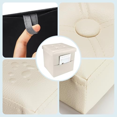 Image of Bsketa Storage Ottoman Bench,15 Inch Folding Leather Foot Rest Stool, Beige | Small Ottoman with Side Pockets, Thicker Foam Padded Seat, Livingroom, Dorm, Bedroom, Easy to install, 30L,15x15x15in
