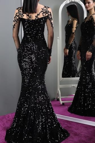 Sequin Lace Applique Prom Dresses 2025 Long Sleeve Ball Gown Mermaid Formal Wedding Party Evening Gown4