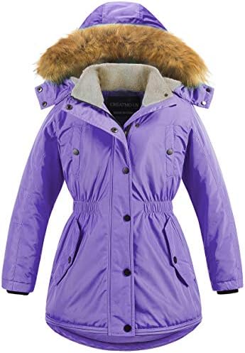 CREATMO US Girl's Puffer Coat Mid length Quilted Sherpa Lined Long jackets For Kids Purple 6-7