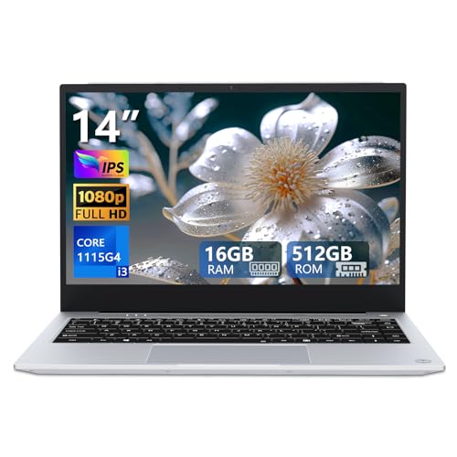 14.1 Pulgadas PC Portátil, Win 11 Ordenador Portátil, Core i3 1115G4 CPU(up to 4.1GHz), Portátil con 16GB DDR4 RAM 512GB SSD, USB3.2/Type C/WIFI6, 7000mAh Battery, 1920*1080P IPS Pantalla Laptop
