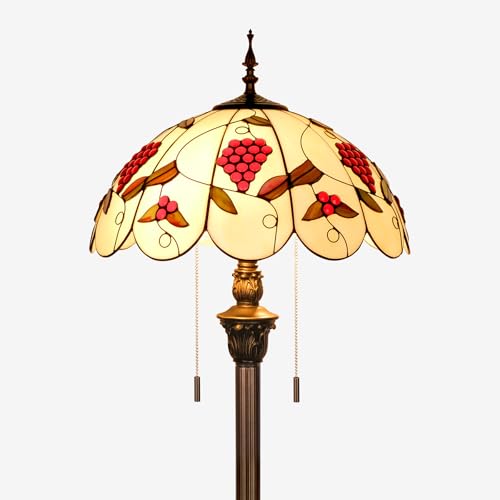 Image of Tiffany Style Floor Lamp, 16 inch Stained Glass Grapes Flower Floral Shade with Antique Bronze Base, 2-Light E26 Pull Chain Standing Reading Light for Living Room, Bedroom, 16x16x64 Inches