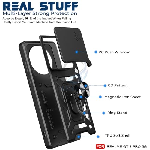 Image of AESTMO Tough Armor Realme GT 8 Pro 5G Bumper Back Case Cover | Ring Holder & Sliding Camera Shield Cover | 360 Degree Protection Back Case Cover for Realme GT 8 Pro 5G (Black)