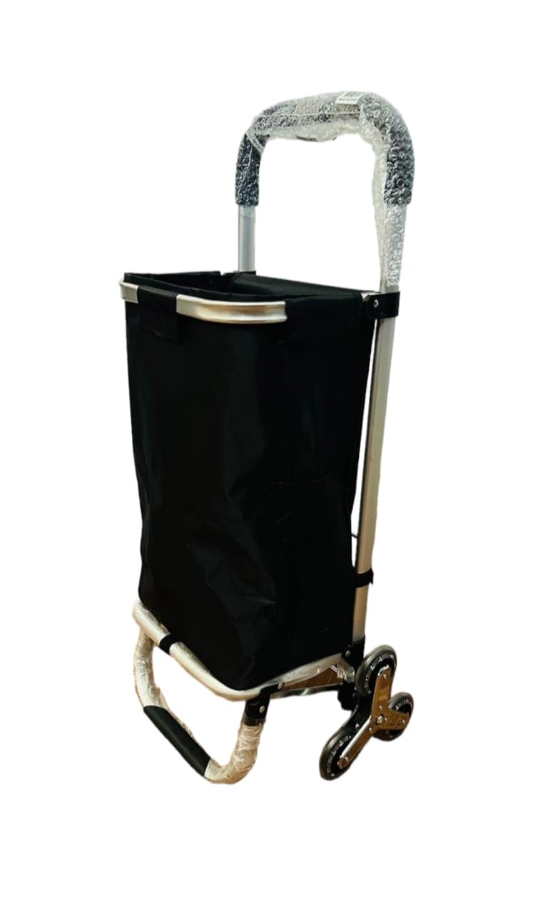 Folding Shopping Trolley on 6 Wheels, Aluminium Lightweight Shopping Cart with Insulated strong Bag, Stair Climbing Grocery Trolley, 50L, Black, WRQ.290