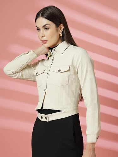 Image of CHKOKKO Solid Crop Jackets for Women stylish latest Long Sleeve Stylish Winter Shirt Jacket Casual Outerwear for Office