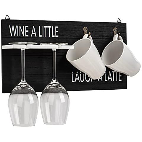 WICKED GIZMOS Coffee Mug and Wine Glass Holder 'Wine A Little Laugh A Latte' Wooden Wall Mounted Frame Rack Gift for Kitchen Office Canteen Home Bar Tea cups Stand Accessory Birthdays Anniversaries Cover