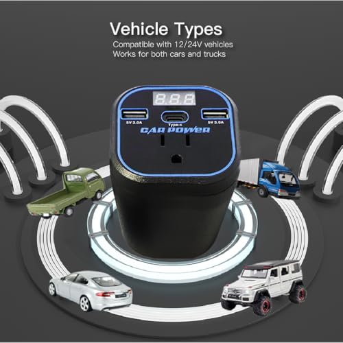 FAMIDGE 200W Car Power Inverter, 12v to 110v, Car Adapter with Dual USB and Type-C for Laptop, Black