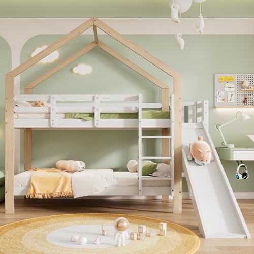 Litera con tobogán y escalera angular de tres niveles, cama con protección contra caídas, cuna, marco de cama de madera maciza, color blanco y natural, 90 x 200 cm