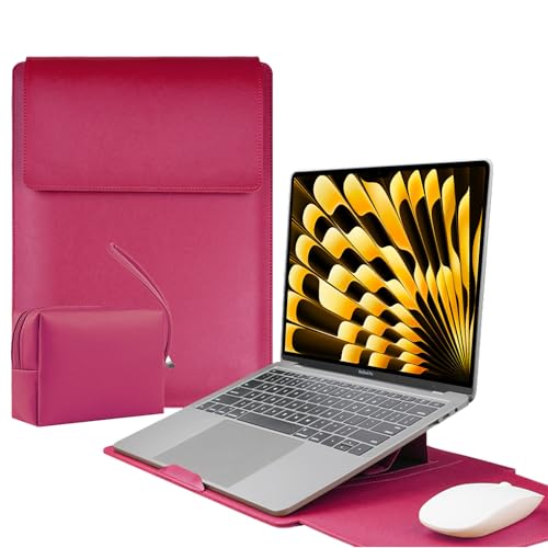 LuFiYa 【3in1】ノートパソコン用スリーブ pcスタンドとマウスパッド付き MacBook Air/MacBook Pro/iPad Air Pro/Surface 12/13/13.3/14/15.6/16インチ Laptop 対応 薄型 PU革パソコンスリーブ ノートPCインナーバッグ 耐衝撃 キズ 防止 撥水加工 電源収納ポーチ付き (15-16インチ | ローズレッド)の商品画像（Amazon）