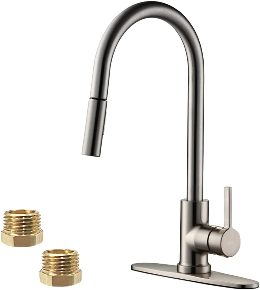 VXV Kitchen Faucet with Sprayer, Kitchen Faucets with Pull Down Sprayer, Single Hole Deck Mount, Single Handle Kitchen Sink Faucet with Pull Out Sprayer (Brushed Nickel)
