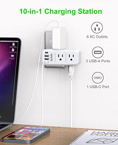 EyGde Extensión de Tomas Múltiples Protector Contra Sobretensiones 1700J con Enchufe Giratorio y 4 Puertos USB (1 USB C), Divisor de Tomas Giratorio de 3 Lados con 6 Tomas Espaciadas para Oficina y Hogar miniatura 3