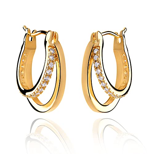 VALLOEY ROVER Women Hoop Earrings 14K Gold Plated CZ Huggie Earrings Chunky Wide Huggie Hoops Hypoallergenic Minimalist Dainty Jewelry Gift