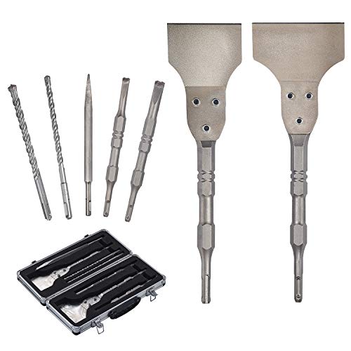 7pcs SDS Plus Chiels Bit, Floor Scraper and Thinset Removal Bit Set - 4inch Floor Scraper Tools SDS Plus Thinset Chisel- SDS Plus Tile Drill bit with and Sturdy Aluminum Case …