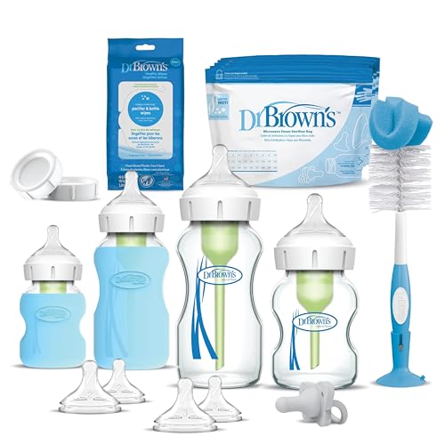 Image of Dr. Brown's Natural Flow Anti-Colic Options+ Wide-Neck Glass Baby Bottle Starter Set with 100% Silicone Glass Bottle Sleeves, Baby Bottle Brush, HappyPaci Pacifier & Pacifier and Bottle Wipes, 0m+